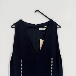 Gabriela Hearst Annabelle Navy W/ Herringbones V Neck Flared Skirt Midi Dress